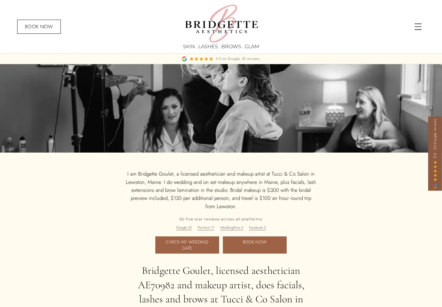 Bridgette Aesthetics live homepage showing its logo, wedding makeup photography and Maine beauty services