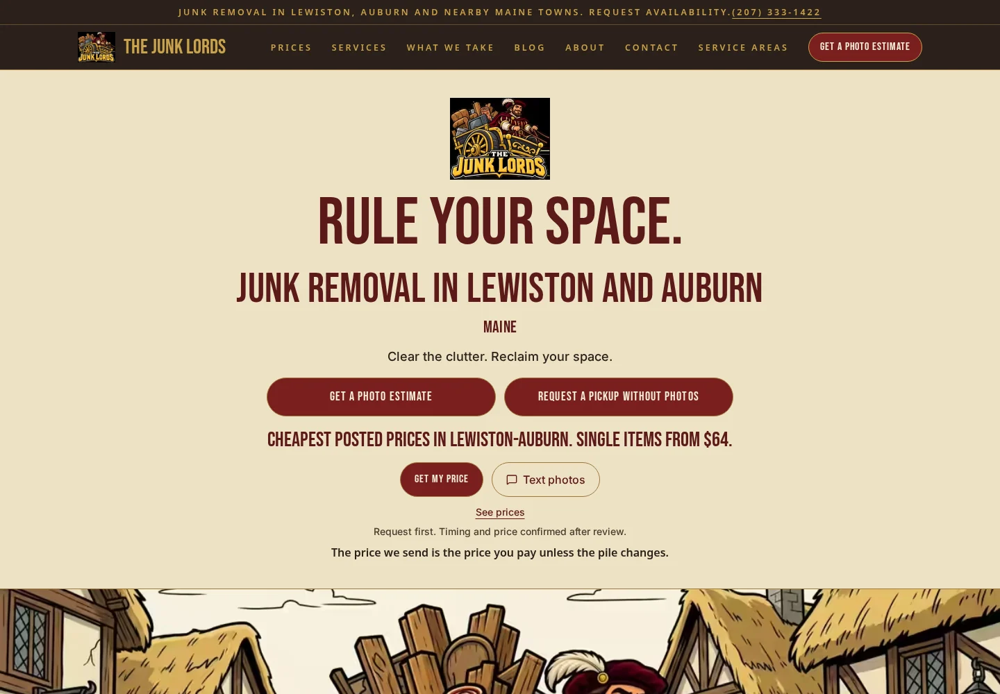 The Junk Lords live homepage showing its brand, Lewiston and Auburn junk removal services and photo estimate options