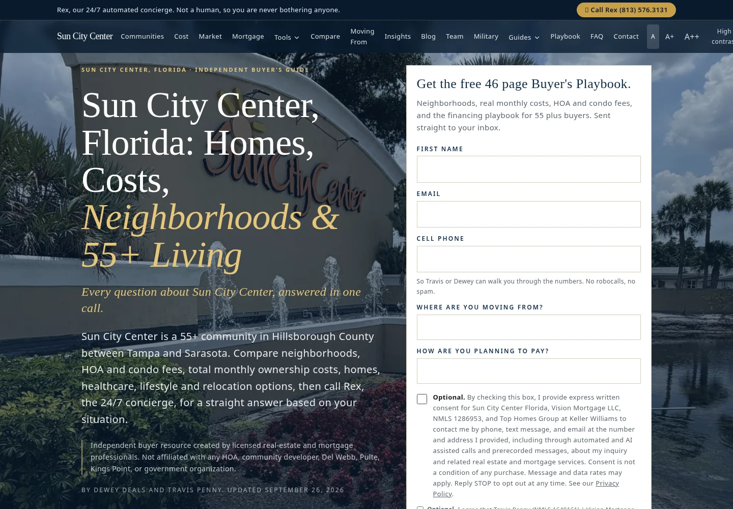 Sun City Center Florida live homepage showing its homes and 55+ living guide and Buyer's Playbook inquiry form