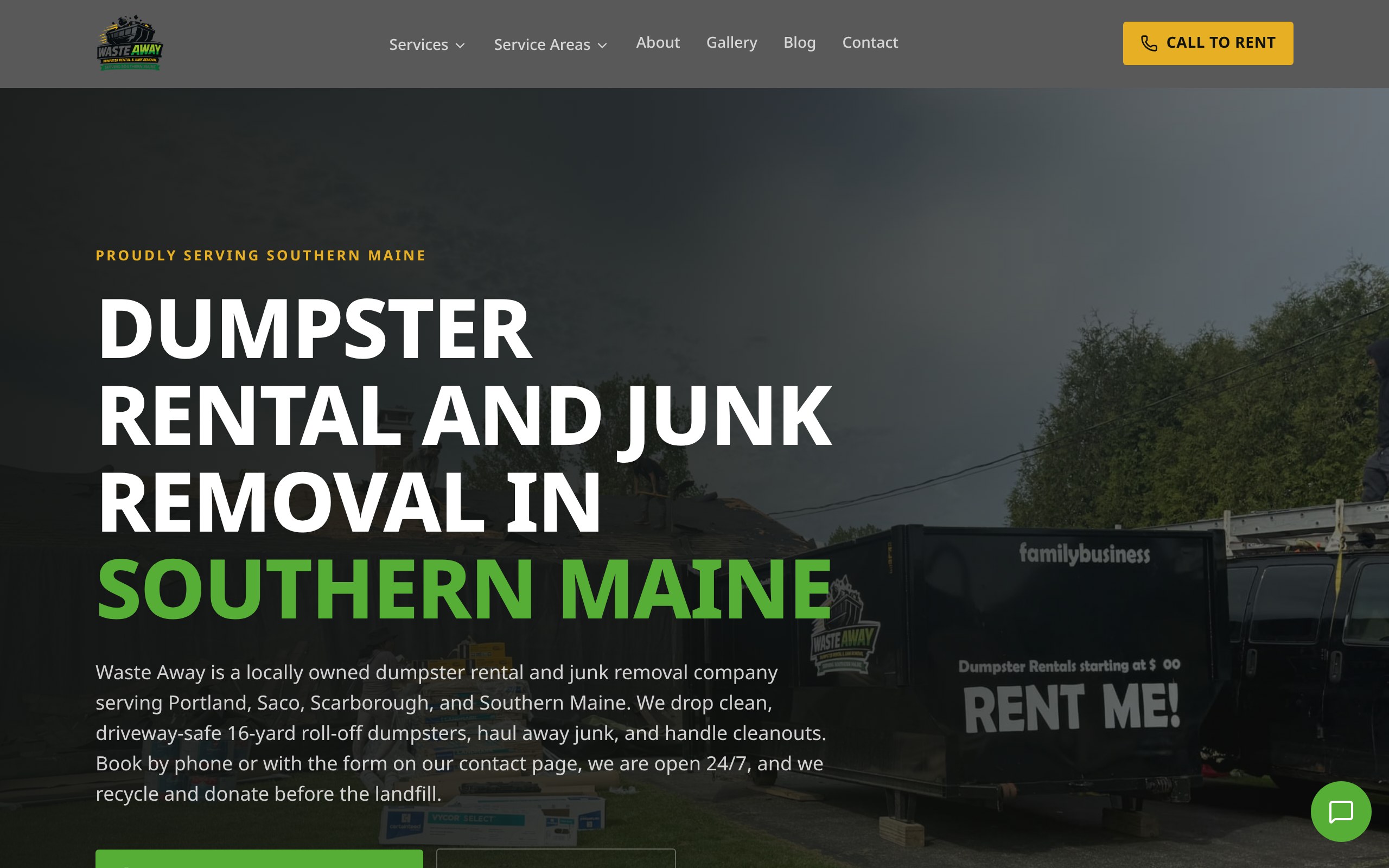 Waste Away dumpster rental website, desktop view built by Mikenzie Rae Media.