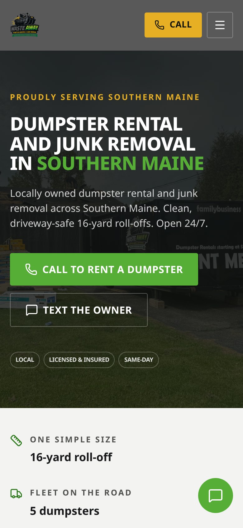 Waste Away dumpster rental website, mobile view built by Mikenzie Rae Media.