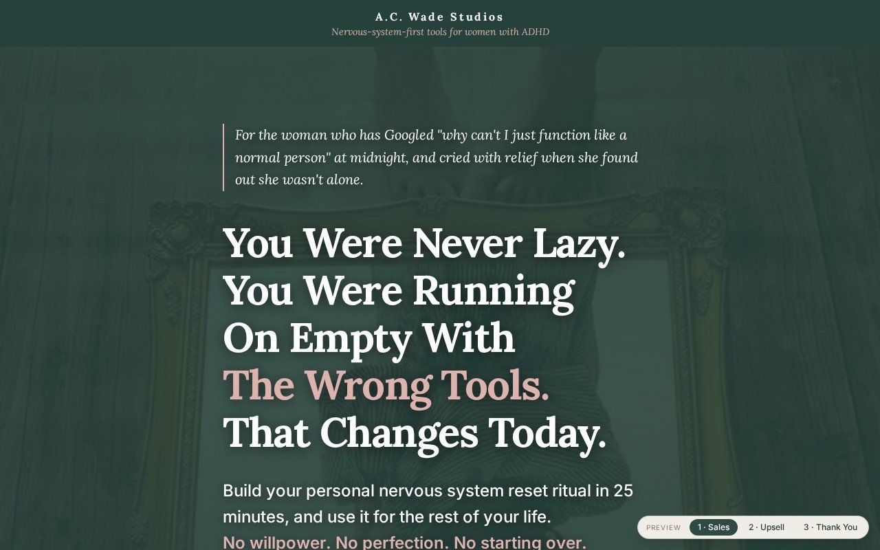 Acwade Studios Reset Kit funnel, desktop view built by Mikenzie Rae Media.