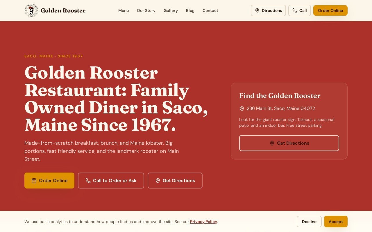The Golden Rooster website, desktop view built by Mikenzie Rae Media.