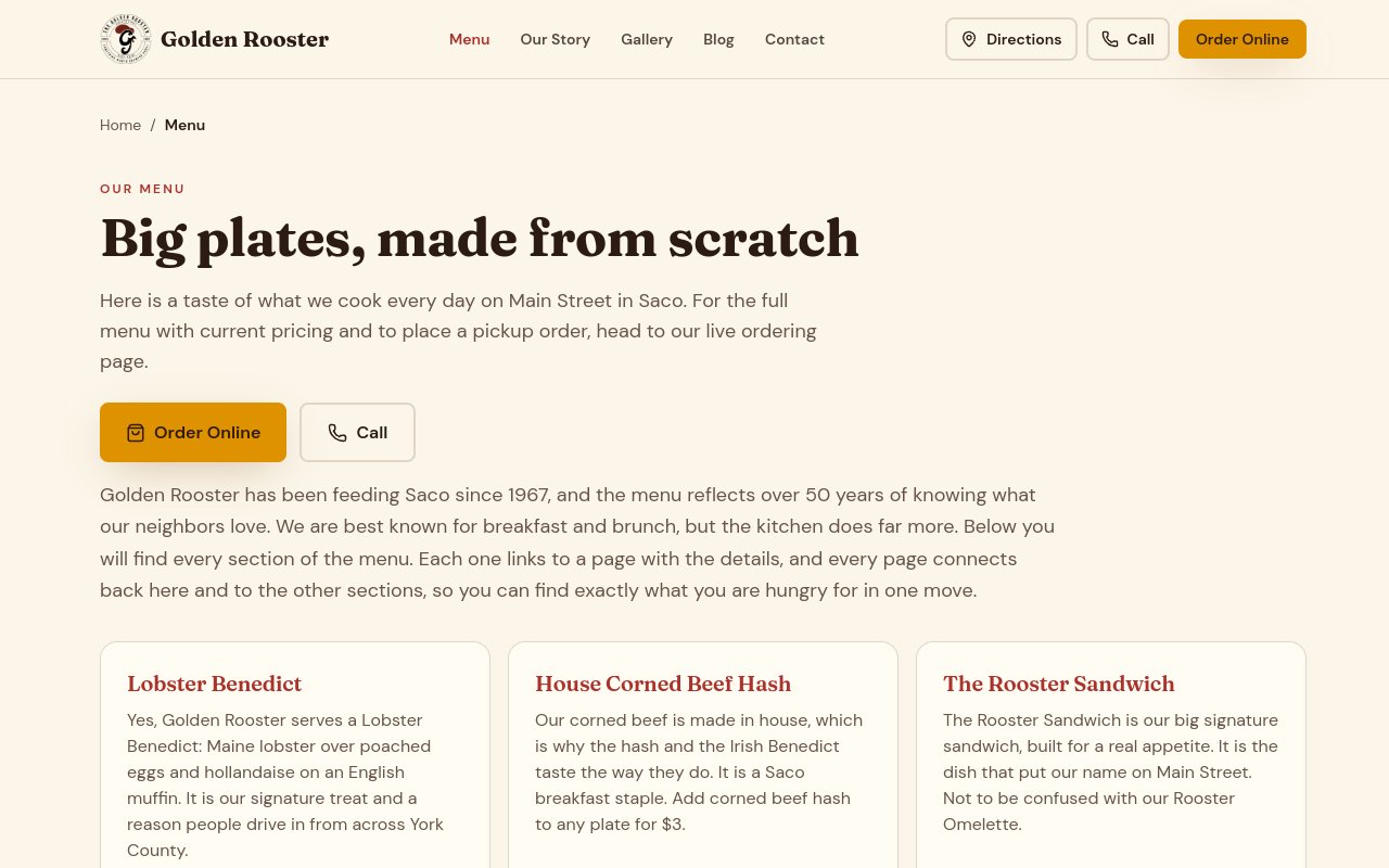 The Golden Rooster menu page built by Mikenzie Rae Media.
