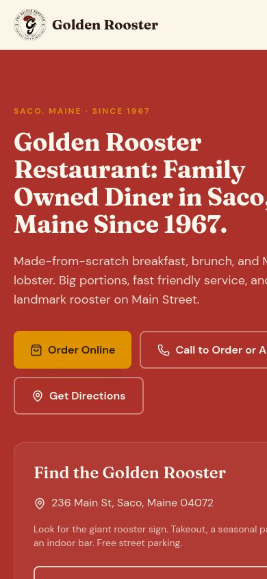 The Golden Rooster website, mobile view built by Mikenzie Rae Media.