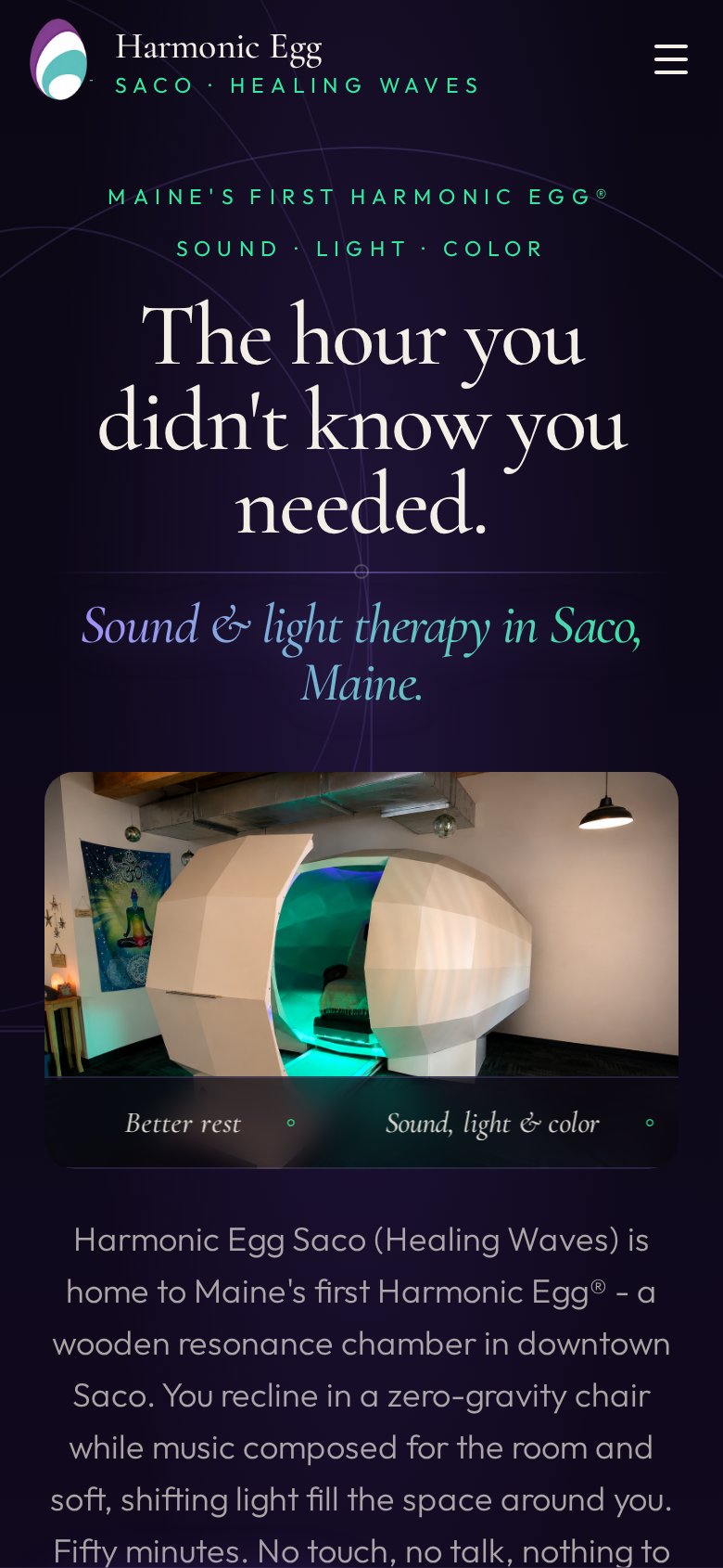 Harmonic Egg Saco website, mobile view built by Mikenzie Rae Media.